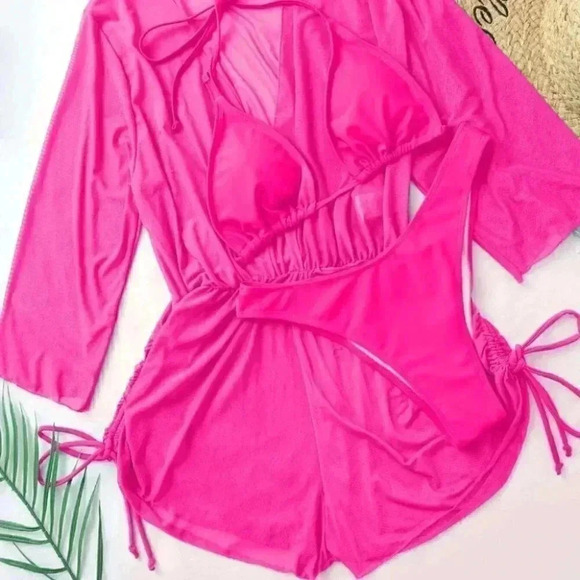 Hot Pink Preppy Womens Plain Halter Triangle Bikini Swimsuit With Cover Up - Picture 7 of 13